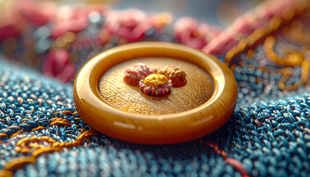 Close up of a decorative button on fabric showing intricate details