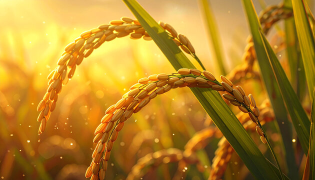 Close up of golden rice plant with sunlight creating warm tones