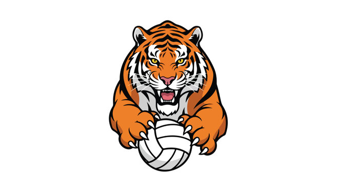 Illustration of a cartoon tiger holding a volleyball with a fierce expression on a plain white background.