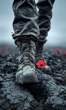Primer plano de botas militares caminando sobre terreno agrietado con una amapola roja creciendo, concepto de paz y resiliencia