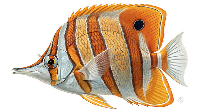 A detailed scientific illustration of the copperband butterflyfish with its distinct orange bars illustration