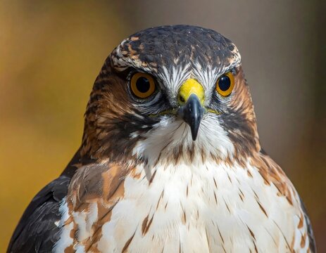 Close-up of a raptor's focused stare, showcasing sharp beak, keen eyes, and detailed feather patterns against a blurred autumnal backdrop