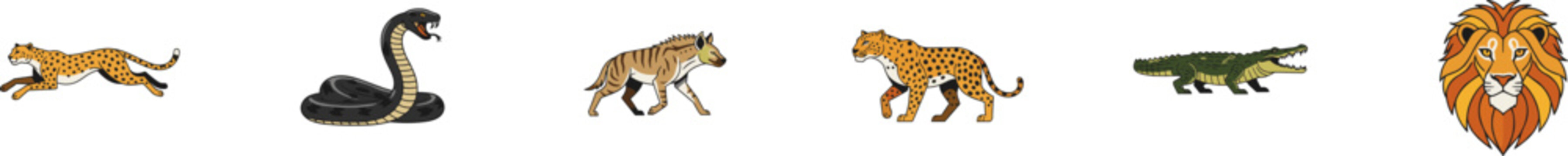 Vector set of African predators and wildlife featuring lion, cobra, and cheetah.