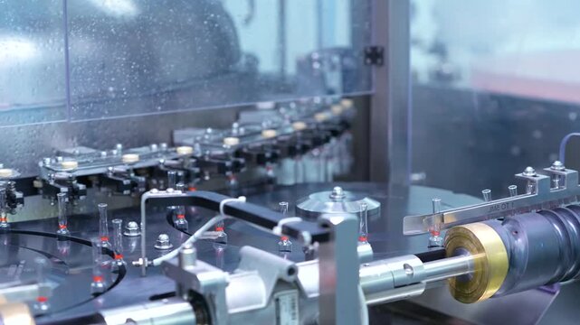 ampoule injection packing machine. glass ampoule vial making process with fire using fire in a pharmaceutical production factory. glass vials for medicine in a healthcare manufacturing facility. medic