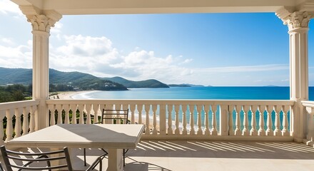 Fototapeta premium Luxury balcony terrace overlooking a beautiful tropical beach and blue ocean