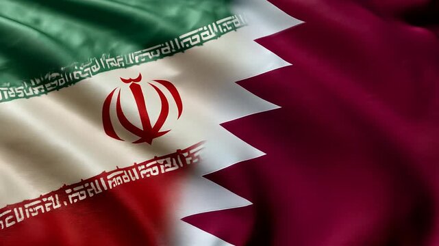 iranian and qatari flag waving together. relations between iran and qatar