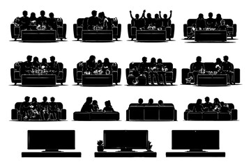 Obraz na płótnie Canvas Silhouette family watching tv at home with pets on couch.