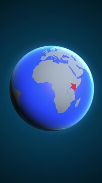 The animation shows a graphic representation of the earth and highlights the location and map of Kenya colored red in vertical format.