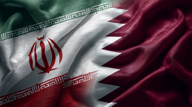 iranian and qatari flag waving together. relations between iran and qatar