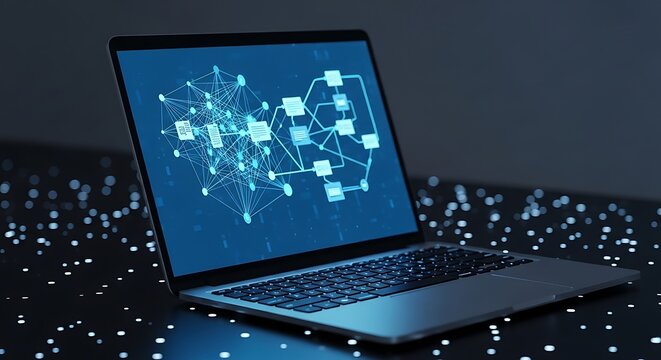 A laptop with a blue screen and a network diagram
