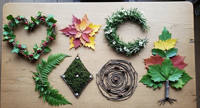 Autumn Wreaths and Leaves Arranged on Wooden Table