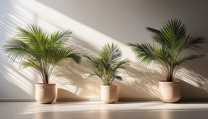 Fototapeta premium Three Potted Palm Plants Bathed In Sunlight Cast Shadows On A Textured Off White Wall And Floor