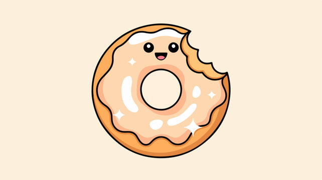 Cartoon donut with bite taken smiling face beige background sweet treat dessert food snack pastry
