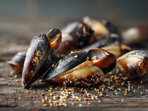 High-resolution close-up of fresh goose barnacles on a wooden surface showcasing their unique texture