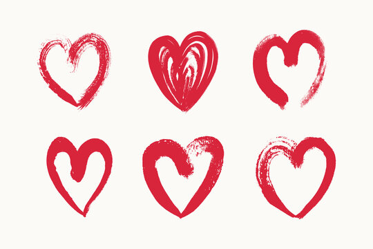 Red grunge hearts set. Paint brush stroke hearts love symbol. Charcoal hearts set. Heart marker doodle icons