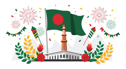 Bangladesh independence day celebration with flag, monument, and fireworks © SHUVO