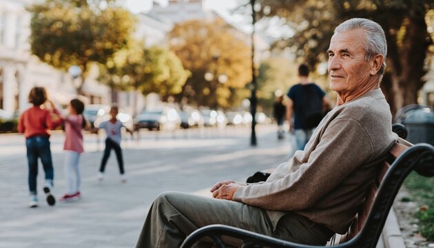 Elderly Man Sitting on Park Bench Watching Children Play Outdoors.