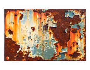 Fototapeta premium Close-up view of weathered, rectangular metal surface with layers of peeling blue-green paint over rust. It is isolated on white