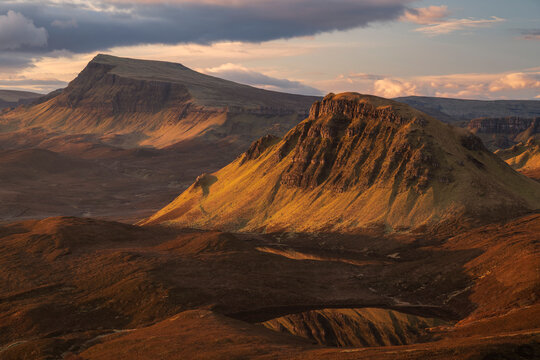 The Quiraing in warm morning light, eastern face of Meall na Suiramach, the northernmost summit of the Trotternish escarpment, Isle of Skye, Scotland, UK. March, 2024. 