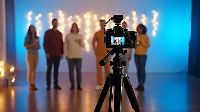 Camera filming group of people in studio