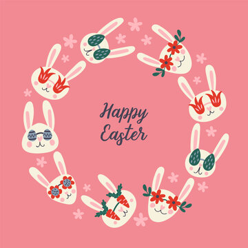 Easter holiday  cute  greeting card with bunny character and funny eyeglasses. Childish print for cards, stickers and apparel