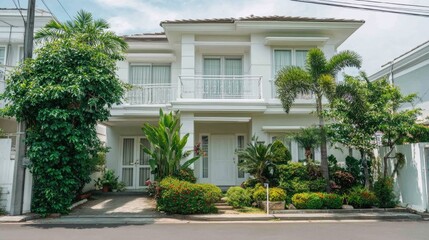 Fototapeta premium Elegant Modern House Surrounded by Lush Greenery and Vibrant Flowers in a Peaceful Residential Neighborhood