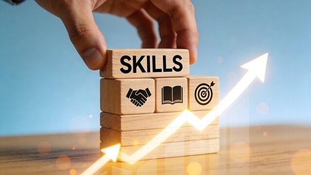 Stacking wooden blocks with skills icons and upward growth arrow concept, career development success strategy with business improvement learning progress and professional advancement