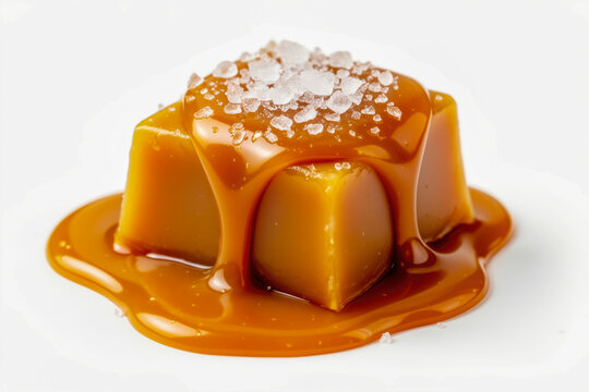 A Decadent Square of Salted Caramel Candy Topped With Dripping Golden Sauce and Sea Salt Crystals Isolated on a White Background for Food Marketing