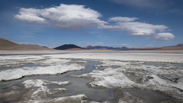 Saline lake in Eduardo Avaroa Andean Fauna National Reserve, Potosi, Bolivia. September, 2024. 