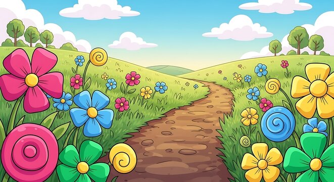 Colorful Flower Field Path in Sunny Day