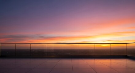 Fototapeta premium Panoramic view from a modern rooftop terrace overlooking a vibrant sunset skyline