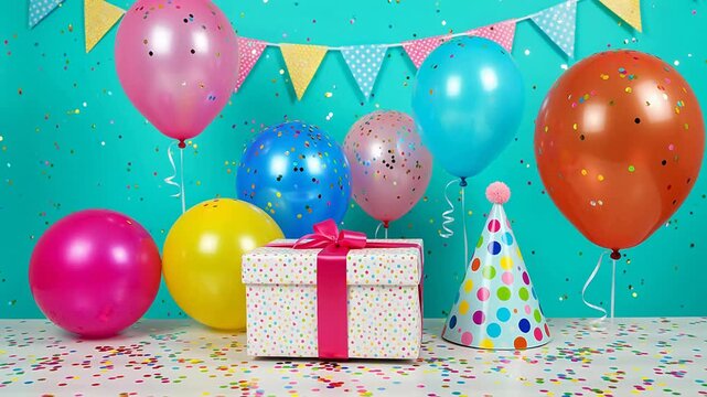 Party balloons gift box and confetti