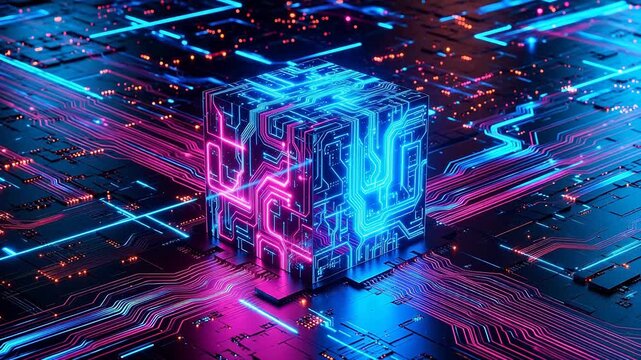 Circuit board with glowing cube