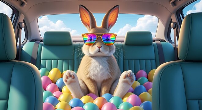 Cute Easter Bunny with sunglasses looking out of a car filed with easter eggs, Generative AI