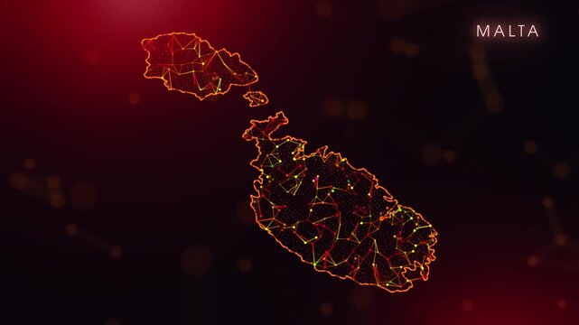 A dynamic motion video showcasing the Malta country border through a colorful plexus reveal. Glowing red and orange dots represent high-tech data communication and global digital networks.