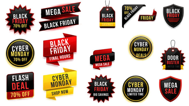 Set of 18 Black Friday and Cyber Monday Sale Banners, Labels, and Tags Vector Collection for E-commerce Promotions and Marketing Campaigns