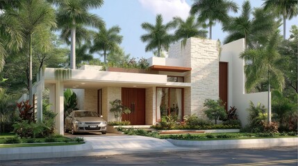 Obraz premium Modern residential home design featuring lush greenery, bright facade, and elegant entrance in a tranquil suburban setting