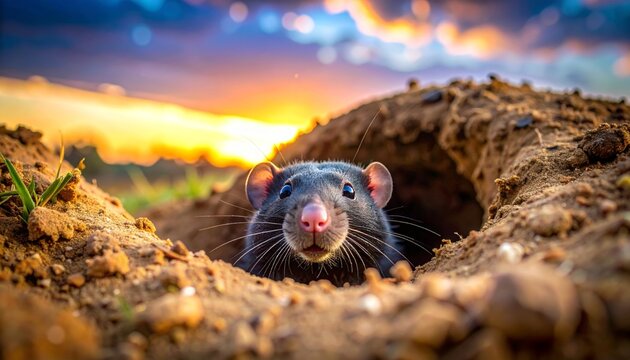 Curious rat emerges from burrow at sunset, golden hour.