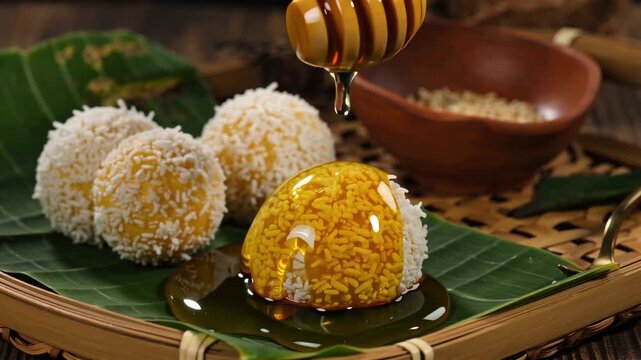 Festive indian coconut sweets drizzled with golden honey, a traditional treat served on banana leaves for the bohag bihu celebration.