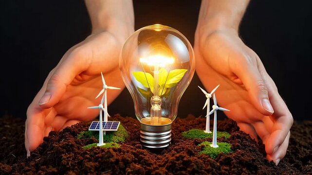 Hands holding light bulb with plant and windmills