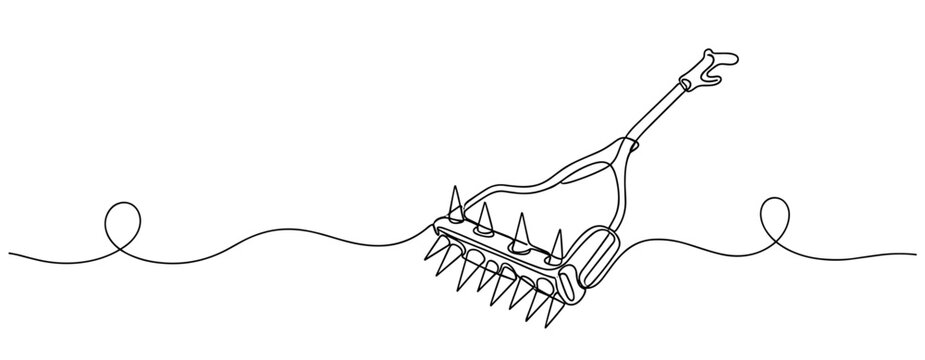 Garden dethatcher rake lying on continuous line illustration. no editable strokes