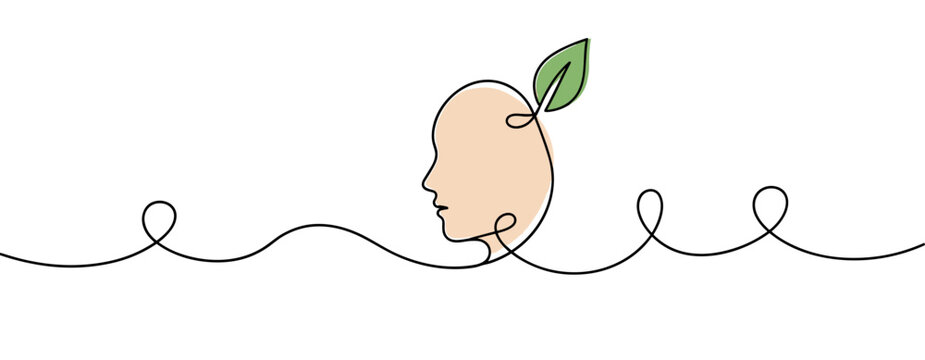 Human head with leaf sprout on continuous line background. no editable strokes