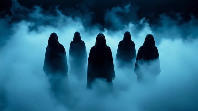 Five hooded figures in mist