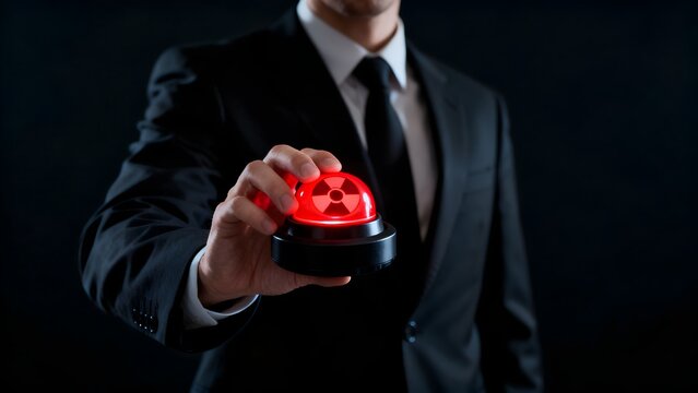 A professional businessman in a sleek black suit carefully presents a brightly glowing red alarm button, prominently featuring a distinct nuclear radiation symbol, signaling an urgent emergency 