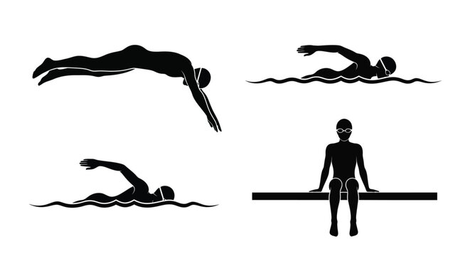 Black silhouettes of four different swimming positions and a sitting person on the diving board graphic illustration