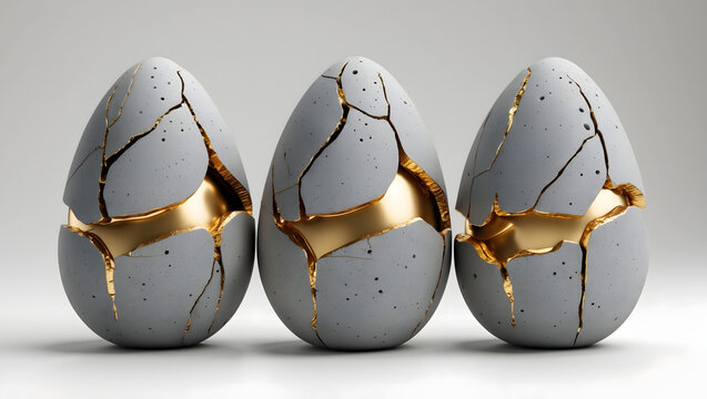 Three Surreal Easter Eggs with Cracked Grey Concrete Shells Revealing Shiny Gold Interior