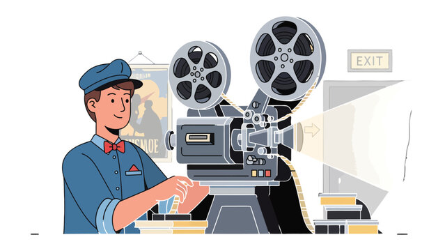 Cinema Operator at Work: A cinematic operator, expertly handling a classic film projector, beams a beam of light, illuminating the vintage machine and the excitement of a show.