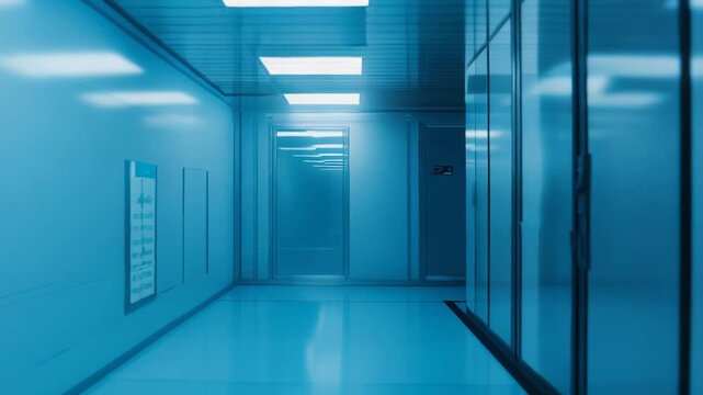 Modern cleanroom corridor bathed in cool blue fluorescent light, sleek sterile surfaces and reflective floors suggesting advanced laboratory, semiconductor or medical facility