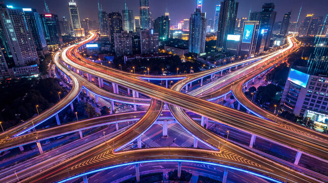 Aerial View of Futuristic City Highway Interchange at Night
