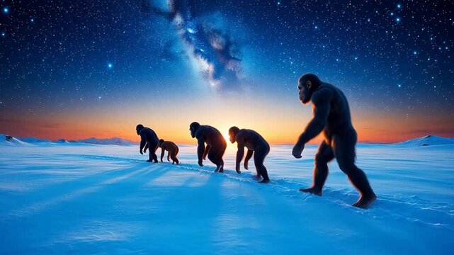 Prehistoric humans walking on snowy landscape